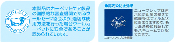 ニュープレップ 　製品特徴［洗浄剤、ドライ・ウェットクリーニング前処理剤、ヤーンパッドクリーニング用、カーペット］