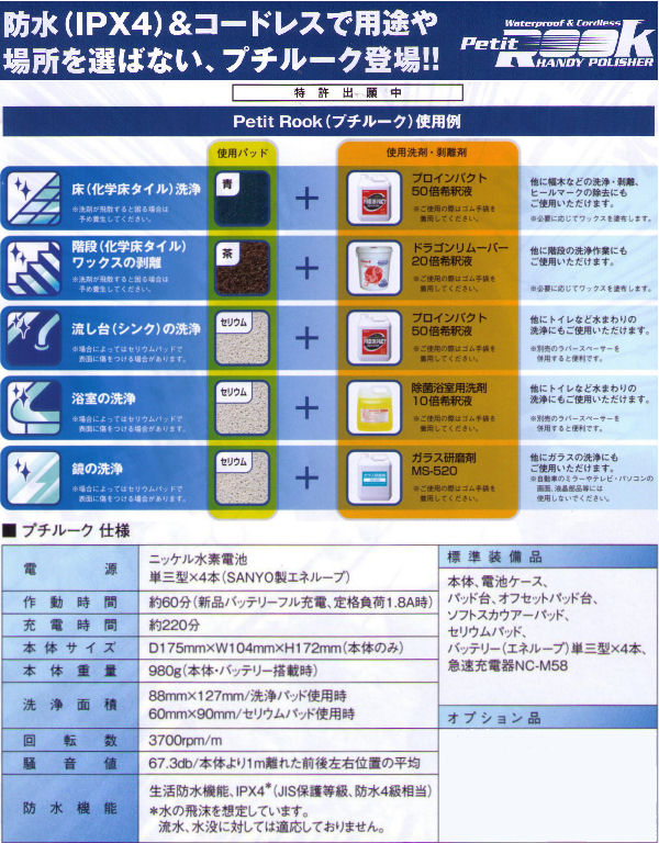 プチルーク　場所を選ばない・使用例・仕様　［清掃、掃除、ハンディポリッシャー、コードレス、防水、場所を選ばない］